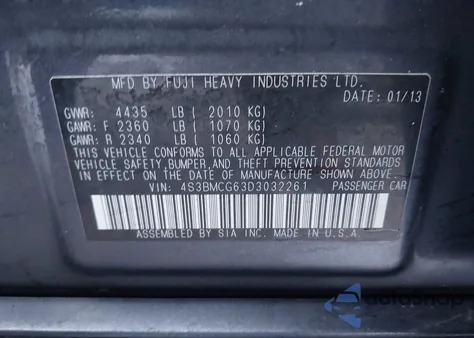 2013 Subaru Legacy 2.5I Premium из США, поврежденный, VIN 4S3BMCG63D3032261